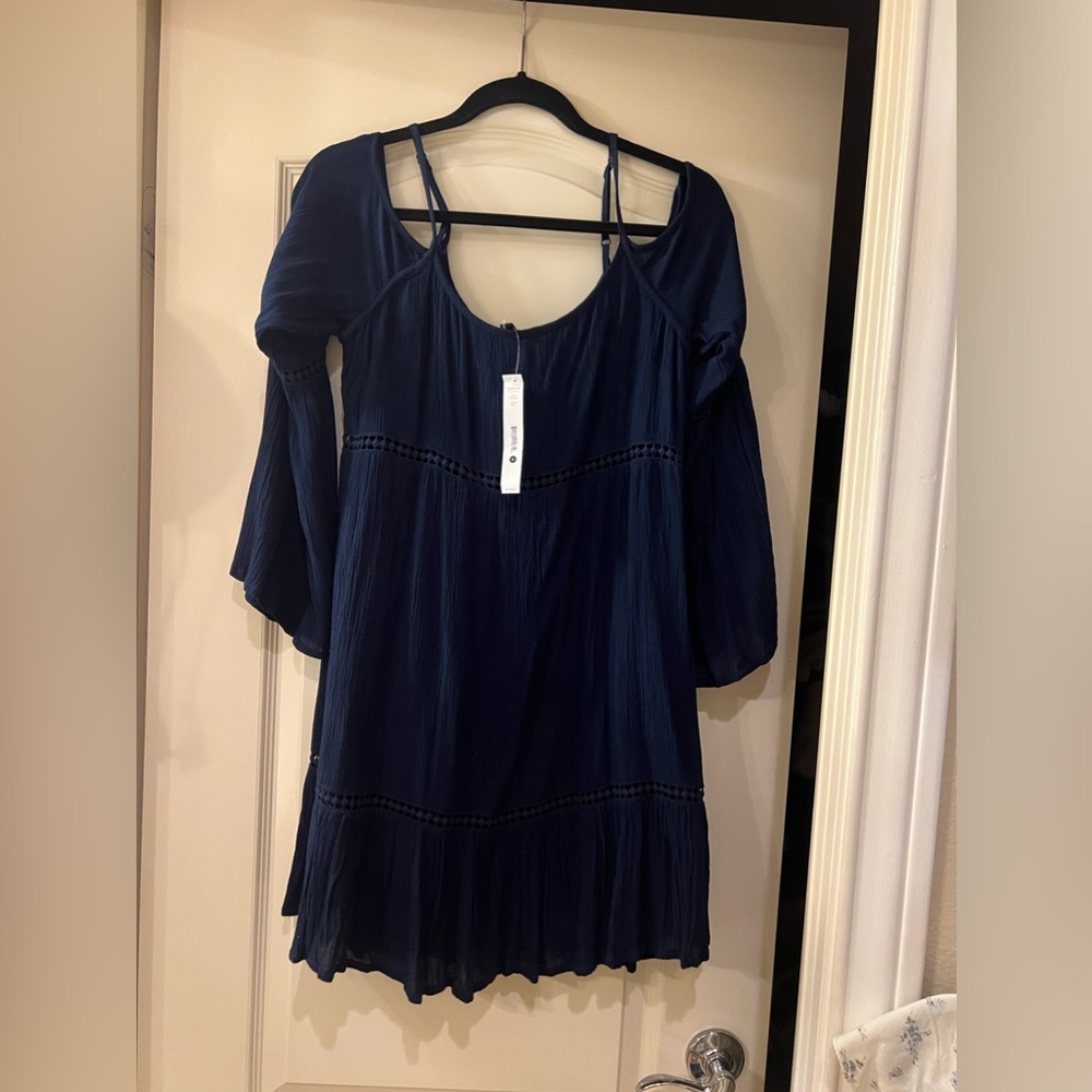 Bloomingdale’s Aqua Off the Shoulder Sundress in Navy Gauze material